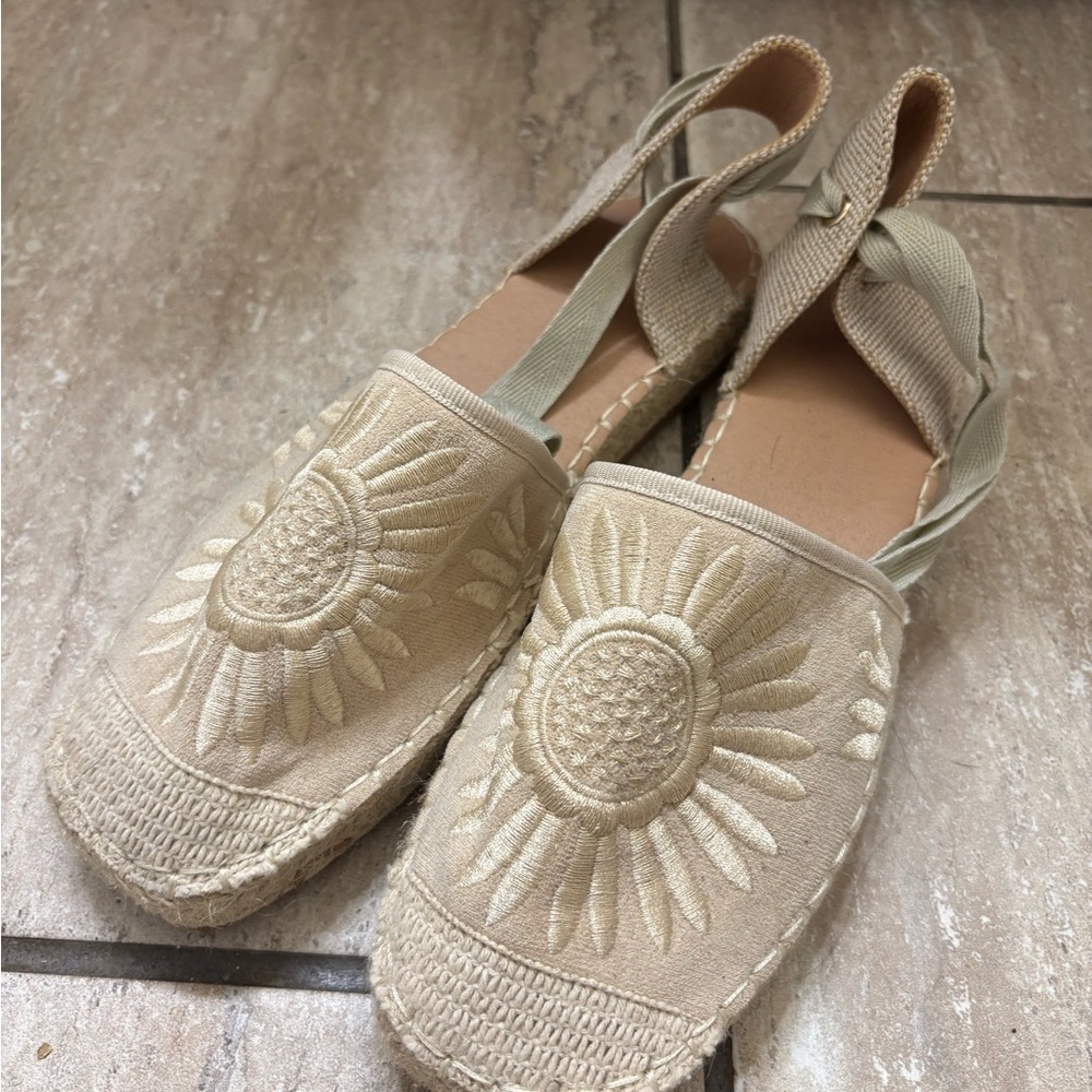 Beige Embroidered Espadrille Sandals